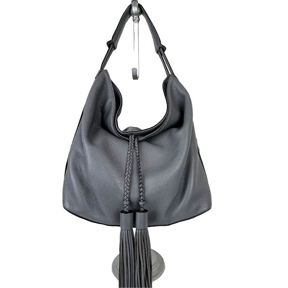 Rebecca Minkoff Isobel Tassel Hobo Grey Leather Shoulder Bag Fringe Braided Boho